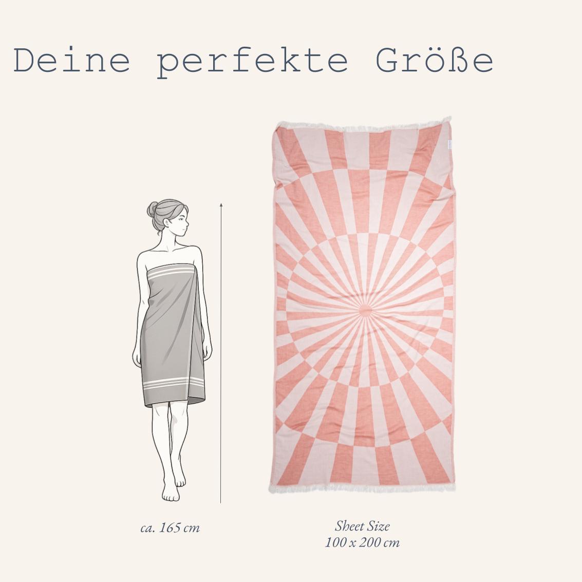 Größenchart für das funktionale Ecobain Optique Towel in Burnt Brick: Visuelle Darstellung der Badetuch-Größe 100x200 cm zur einfachen Orientierung im Online-Shop. Platzsparendes Luxus-Webtuch in Rostrot mit plastischer Struktur und dezenten, offenen Fransen.