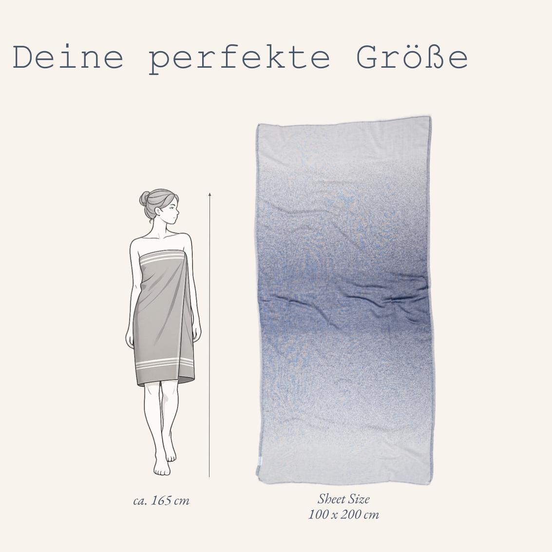 Größenchart für das elegante Ecobain Faded Towel in Midnight Anchor: Visuelle Darstellung der Badetuch-Größe 100x200 cm zur einfachen Orientierung im Online-Shop. Platzsparendes Luxus-Webtuch aus 100% gekämmter Baumwolle mit feinem dunkelblauem Ombré-Effekt und Open End Fransen.