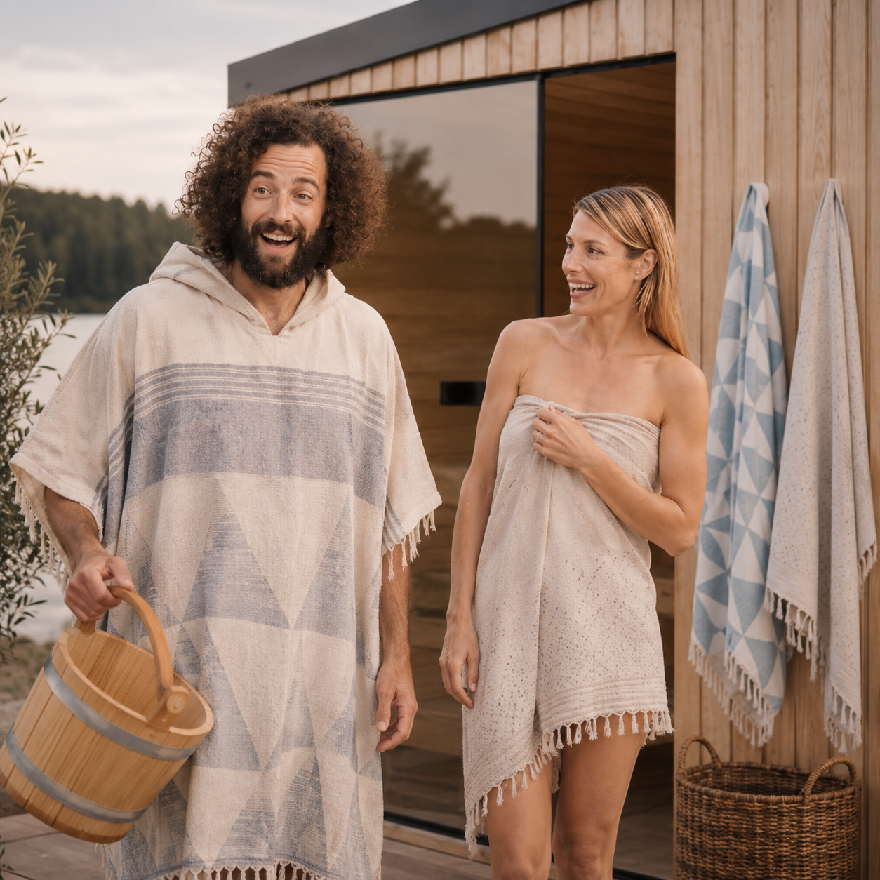 Pauline und Ingvar vom Abenteuer Wellness Podcast präsentieren ihre Ecobain Textilien vor einer modernen Holzsauna. Als Experten für Sauna und Wellness vertrauen sie auf unsere smarte, plastikfreie Alternative zu schwerem Frottee. Gefertigt aus 100 Prozent gekämmter Baumwolle vereinen unsere Ponchos und Tücher traditionelle Webkunst mit fortschrittlicher Textilperformance. Die platzsparende, saugstarke und schnelltrocknende Qualität macht sie zum perfekten Begleiter für jedes Wellness-Ritual.