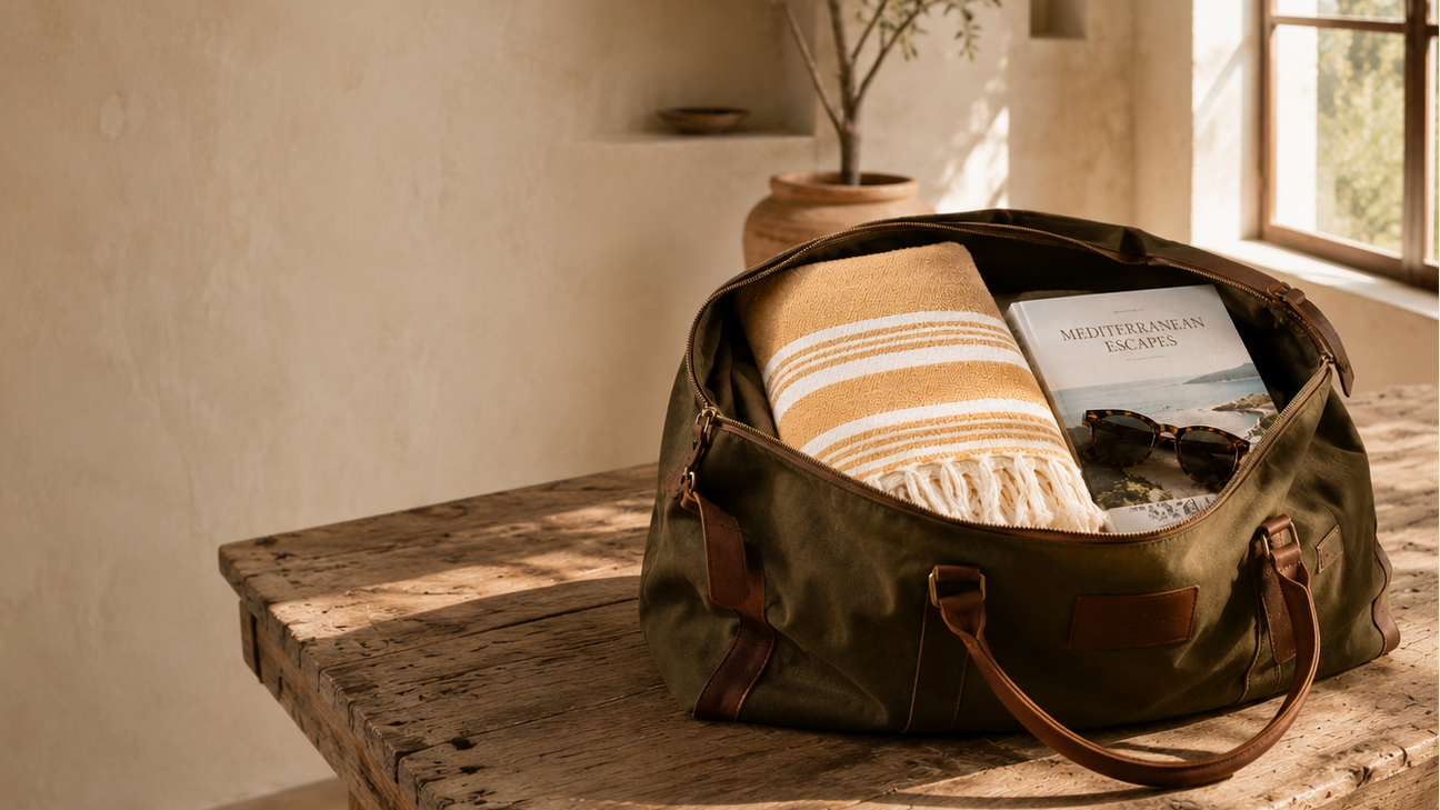 Reise-Vorbereitung mit dem Ecobain Liberty Series Hamam-Tuch. Eine geöffnete Weekender-Tasche aus Segeltuch und Leder liegt auf einem rustikalen Holztisch und zeigt das gefaltete, gelb-weiß gestreifte Baumwolltuch neben einer Sonnenbrille und einem Buch.