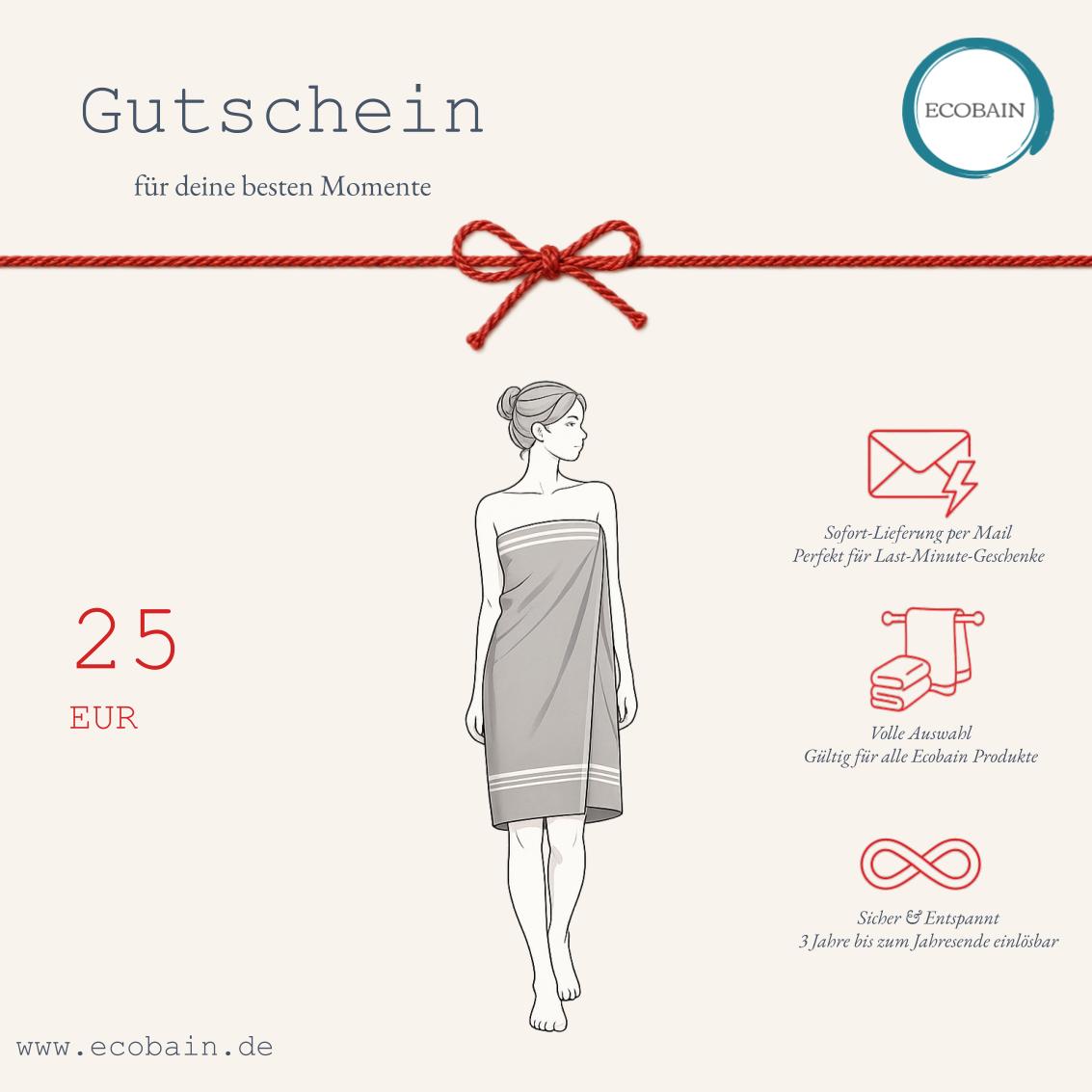 Digitaler Ecobain Gutschein im Wert von 25 Euro für hochwertige Wellness Geschenke und Baumwollhandtücher. Quadratische Produkt Infografik mit dem Slogan für deine besten Momente, roter Kordel Schleife und Hinweisen zur 3 jährigen Gültigkeit.