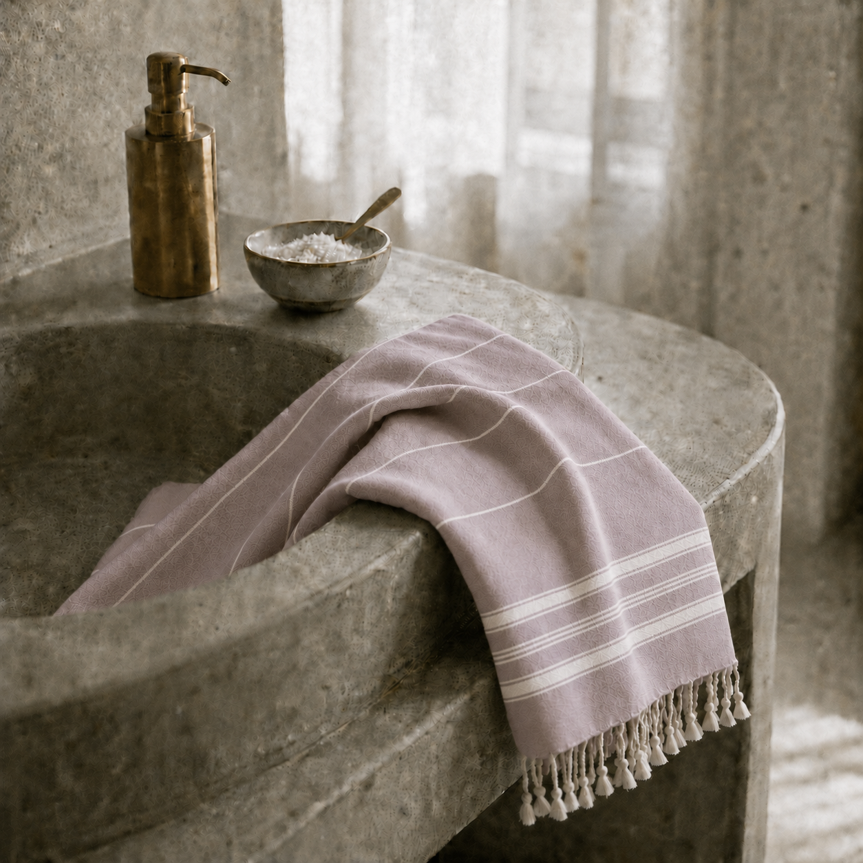 Das Ecobain Hamamtuch 'Liberty Series New Classic' in Dusty Pier (warmes Taupe) hängt an einem Halter in einem modernen Badezimmer. Dieses leichte, schnelltrocknende Tuch aus 100% gekämmter Baumwolle ist die platzsparende, plastikfreie Alternative zu Frottee für Zuhause, Camping und Strand.
