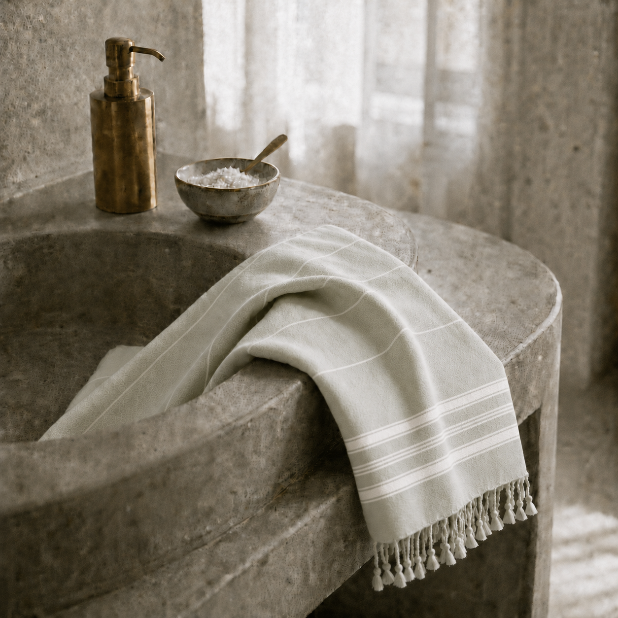 Ein elegant über den Wannenrand drapiertes Ecobain Hamamtuch der Liberty Series im Design 'New Classic'. Die salbeigrüne Farbnuance 'Magic Mermaid' bringt eine beruhigende Spa-Atmosphäre in das moderne Badezimmer. Gefertigt aus 100 % gekämmter Baumwolle, ist dieses ressourcenschonende Textil extrem schnelltrocknend. Eine smarte, platzsparende und plastikfreie Alternative zu schwerem Frottee für pure Leichtigkeit und Harmonie bei deinen täglichen Auszeiten.