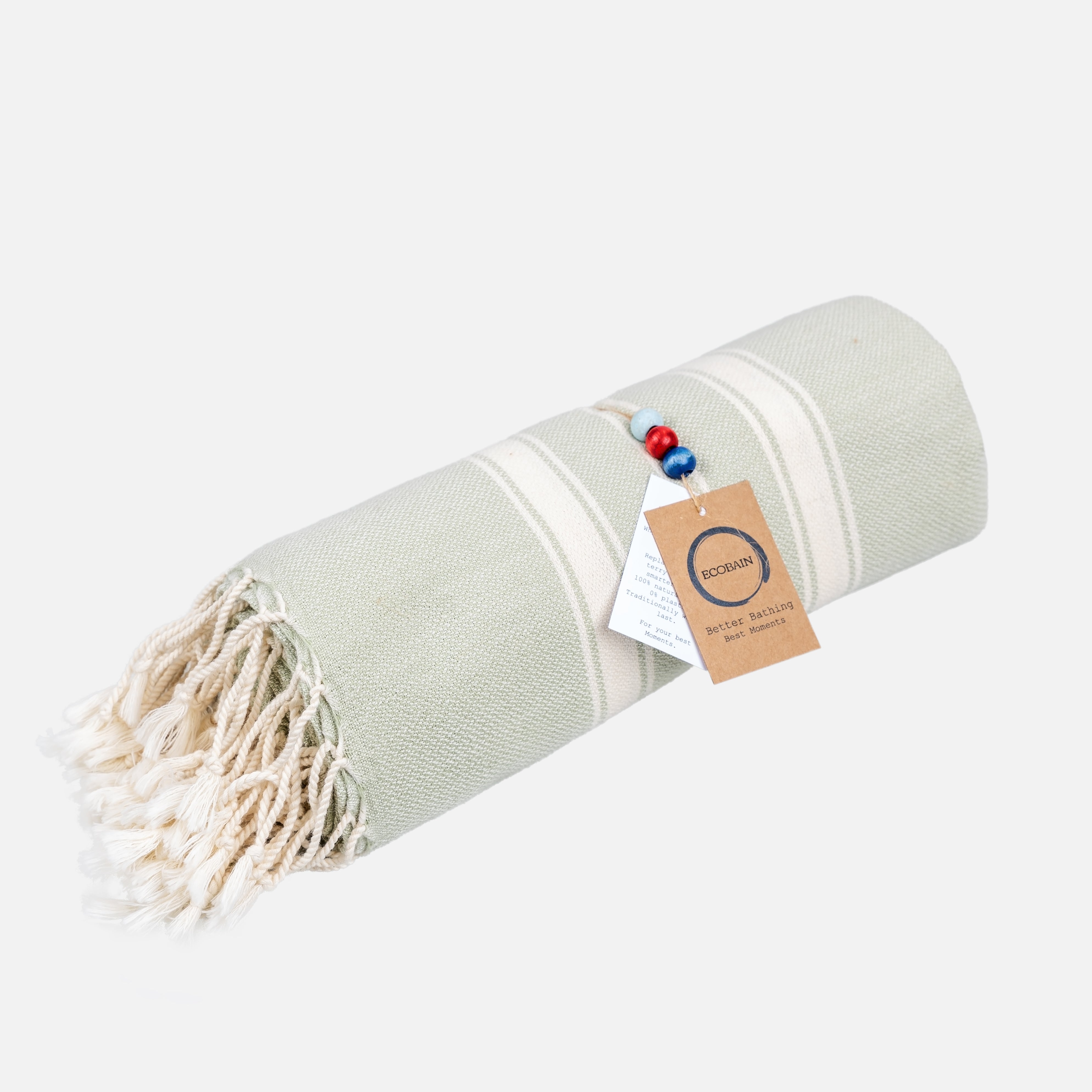 Nahaufnahme der traditionellen Webkunst des Ecobain Premiumtuchs 'New Classic' in harmonischem Naturton. Das Bild zeigt die meisterhafte Verarbeitung der weichen, gekämmten Baumwolle. Ein ehrliches und plastikfreies Design Statement für pestizidfreien Anbau, das extreme Saugkraft mit Langlebigkeit vereint und sich dank der edlen Haptik wunderbar als hochwertiges Geschenk eignet.