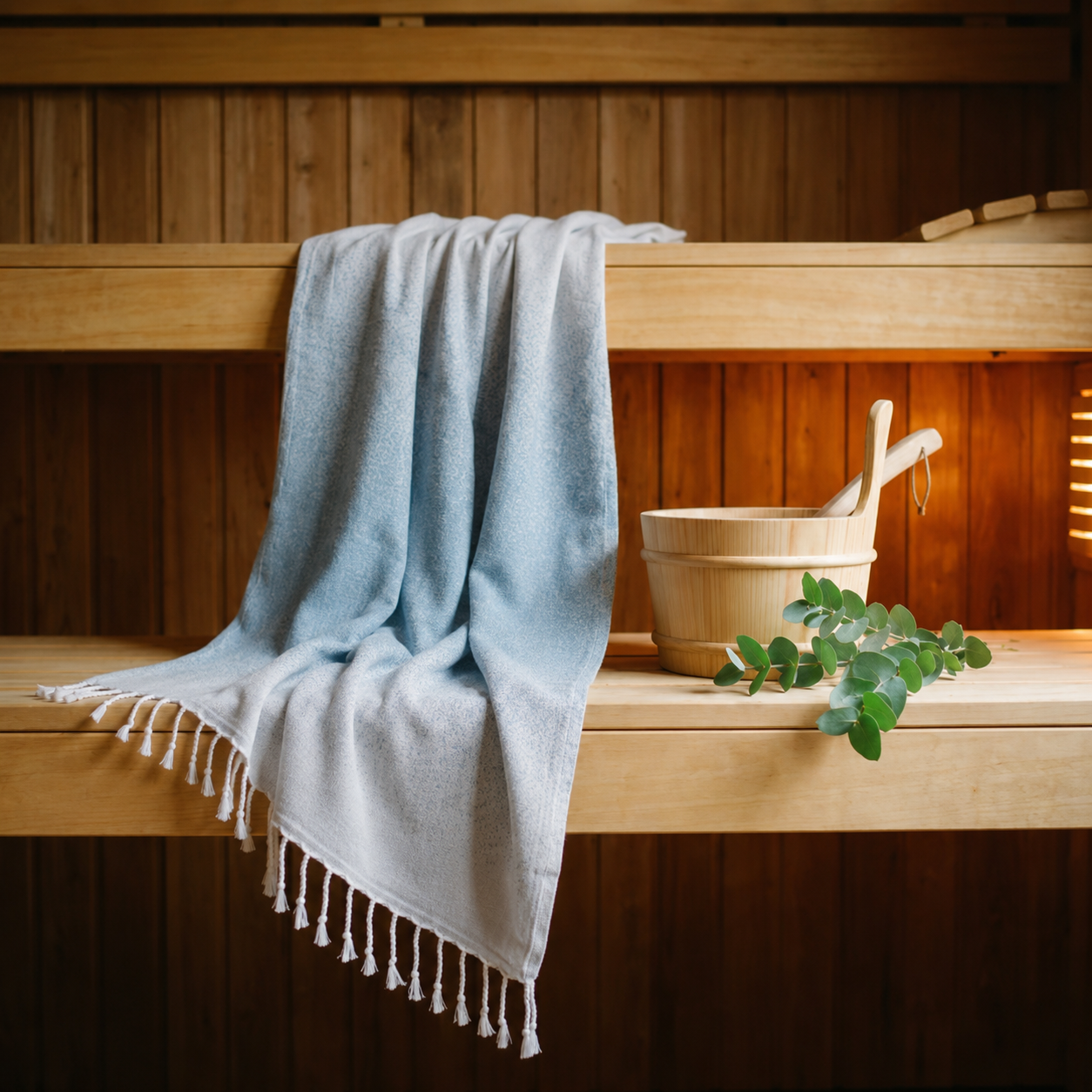 Ecobain Hamamtuch der Liberty Series im Design 'Faded', elegant ausgebreitet auf einer warmen Holzbank in einer modernen Sauna. Das Tuch aus hochwertiger, gekämmter und langstapeliger Baumwolle überzeugt durch seine exzellente Saugkraft und schnelle Trocknung zwischen den Saunagängen. Ein stilvolles, plastikfreies und ressourcenschonendes Accessoire, das den traditionellen Wellness-Moment in dein persönliches Spa-Erlebnis verwandelt.