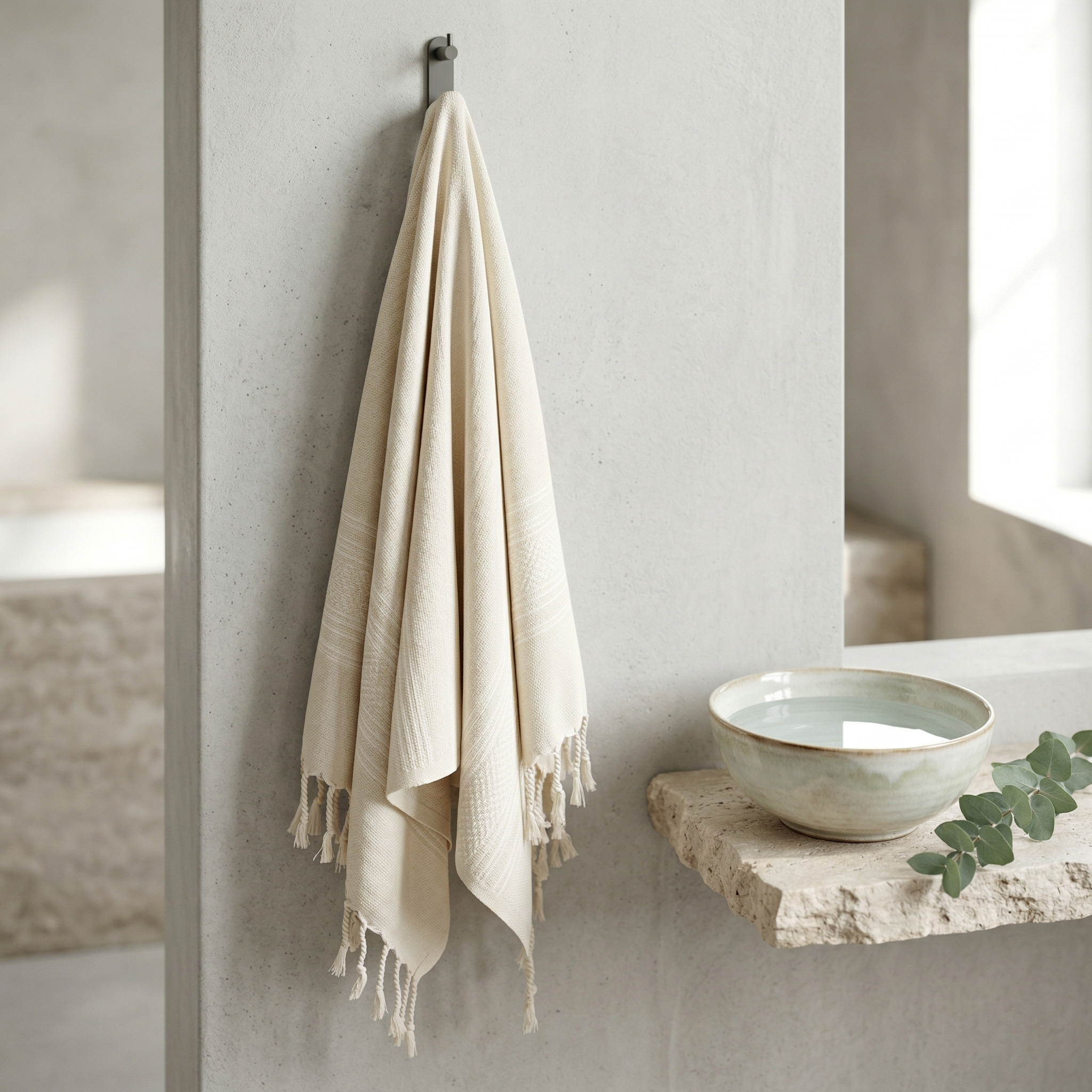 Ein elegant drapiertes Ecobain Hamamtuch in einem Badezimmer, das die schnelle Trocknung und Frische der Textilien unterstreicht. Dank der luftigen Webstruktur aus hochwertiger Baumwolle trocknet dieses Tuch in Rekordzeit und bleibt selbst in fensterlosen Bädern geruchsneutral – die ideale, hygienische Alternative zu voluminösem Frottee. Ein plastikfreies, nachhaltiges Premium-Accessoire, das durch exzellente Saugkraft und anhaltende Frische überzeugt und dir auch in kleinen Räumen ein luxuriöses Spa-Gefühl
