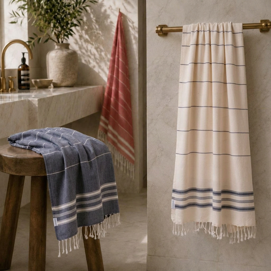 Harmonische Farbvielfalt für dein Bad: Ein stilvoller Stapel gefalteter Ecobain Hamamtücher im Design 'New Classic' (Liberty Series) sowie gerollte Tücher im Korb. Aus 100 % gekämmter Baumwolle gefertigt, bieten unsere ressourcenschonenden Handtuch-Sets höchste Premium-Qualität. Diese smarte, platzsparende und plastikfreie Alternative zu schwerem Frottee bringt pure Leichtigkeit und perfekte Ordnung in dein Zuhause.
