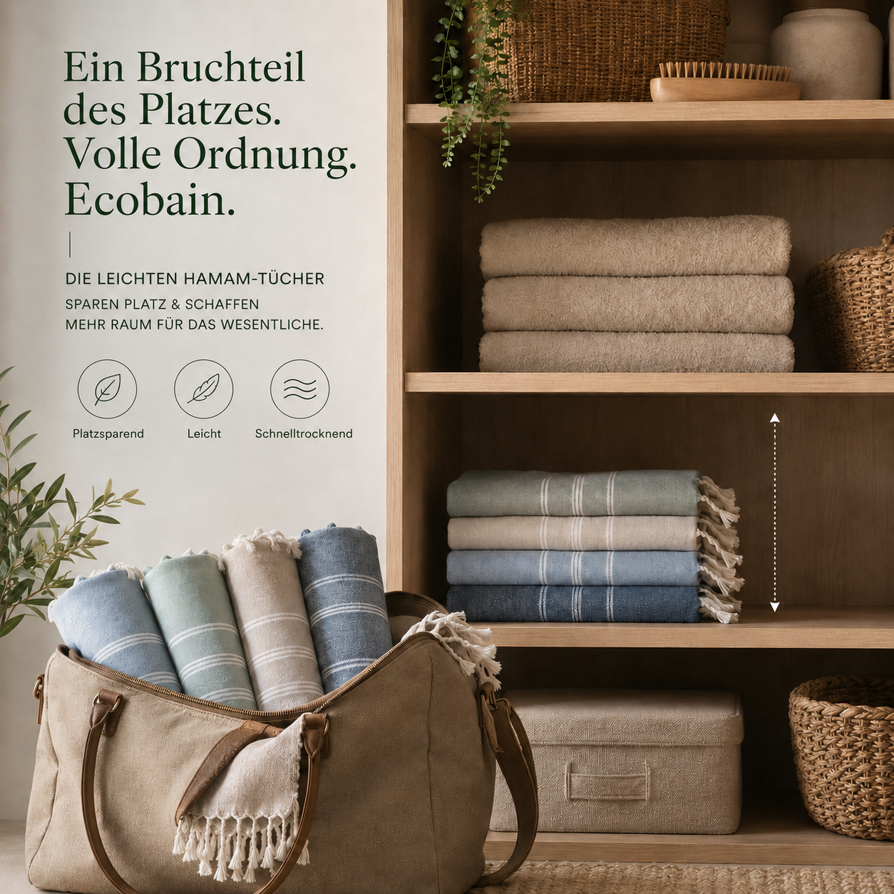 Ein aufgeräumter Schrank mit ordentlich gestapelten Ecobain Handtüchern. Unsere Textilien sind die smarte, platzsparende Alternative zu voluminösem Frottee und sorgen für mehr Ordnung in deinem Zuhause. Durch unsere hybride Kompetenz aus traditioneller Webkunst und moderner Textilperformance bieten die Tücher aus 100 Prozent gekämmter Baumwolle pure Leichtigkeit. Sie beanspruchen kaum Platz im Regal oder in der Waschmaschine. Ressourcenschonend, plastikfrei und ästhetisch.