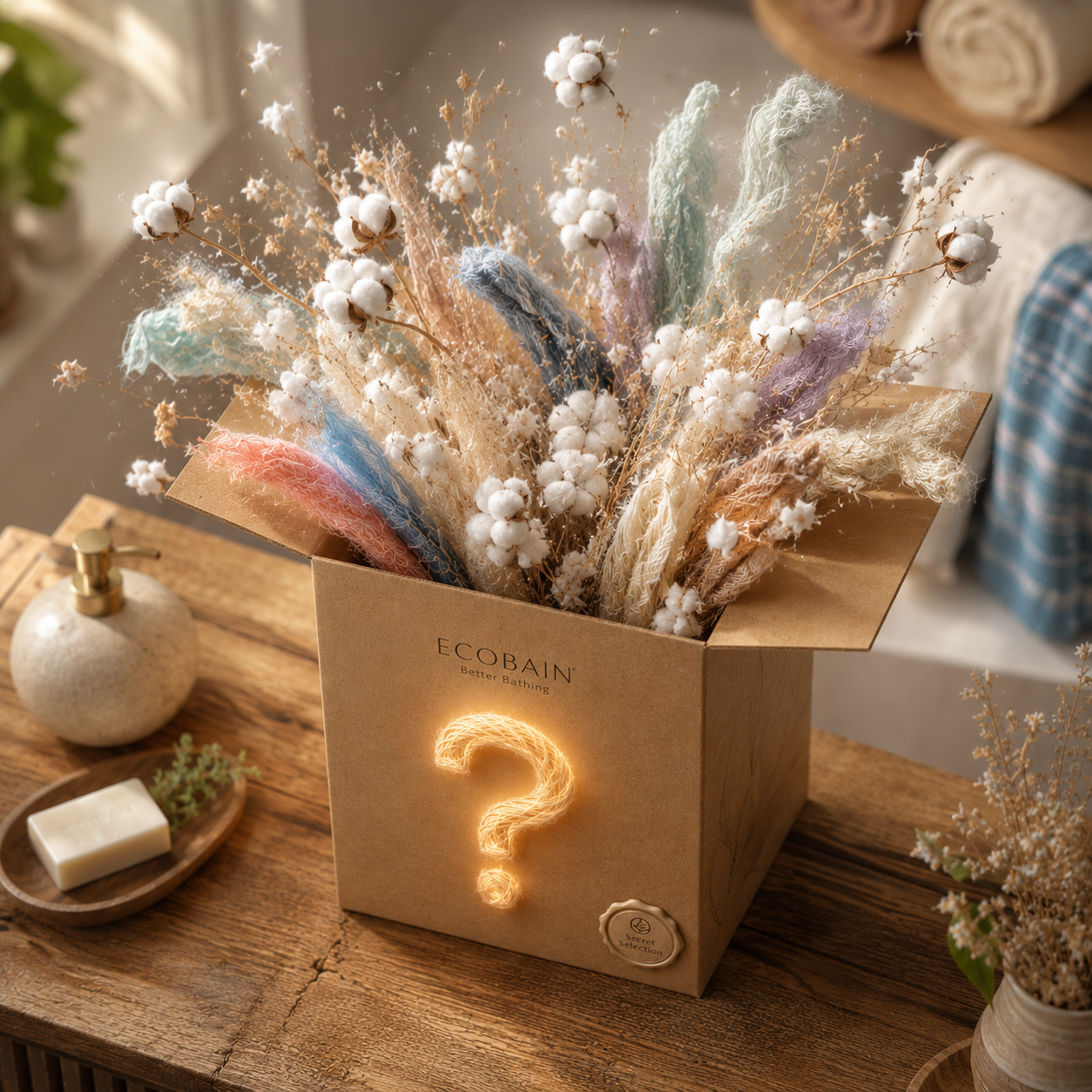 Ecobain Surprise Box auf einer eleganten Holzablage im hellen Badezimmer. Unser liebevoll gestaltetes Überraschungspaket aus der Secret Selection ist das ideale Geschenk für entspannte Wellness Momente. Aus dem edlen Karton mit leuchtendem Fragezeichen entfaltet sich eine sanfte Explosion aus reiner Baumwolle. Eine nachhaltige Mystery Box, die pure Freude schenkt und mit hochwertigen plastikfreien Handtüchern überrascht.