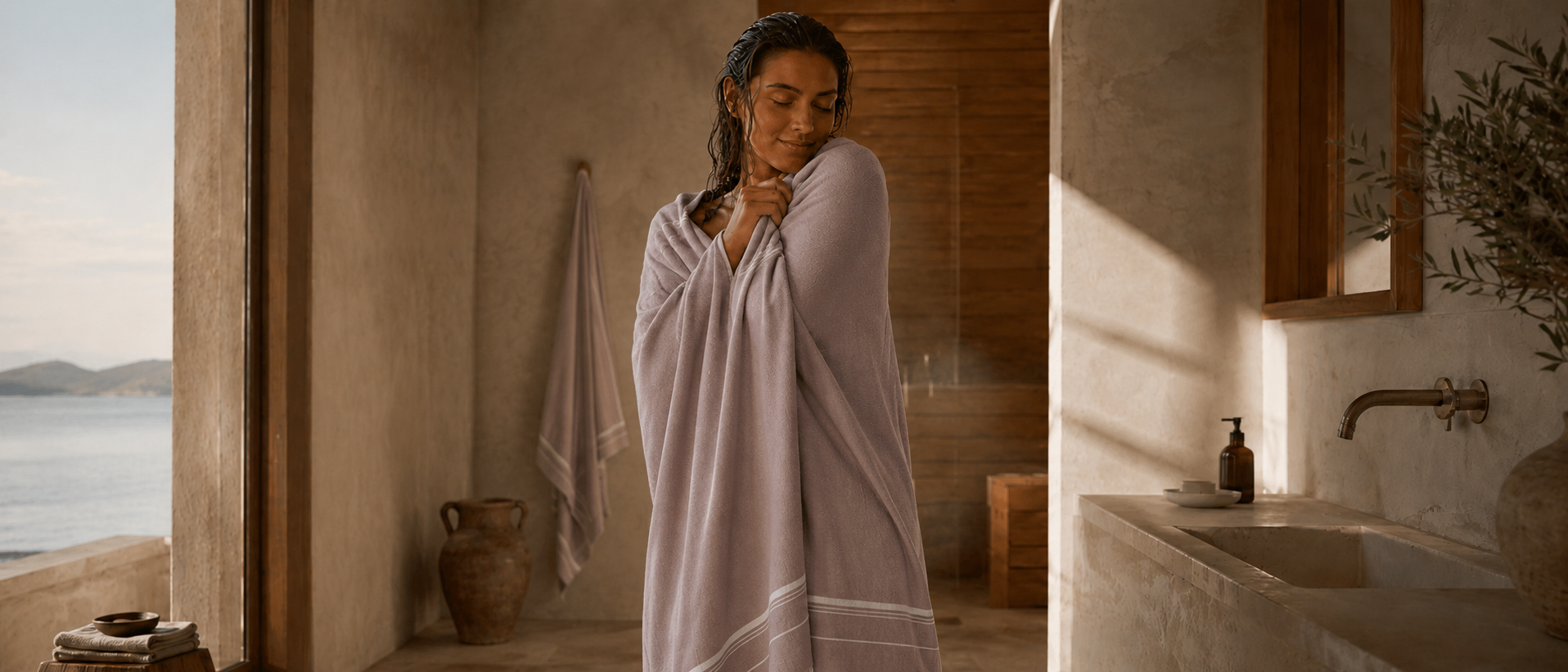 Eine Frau hüllt sich glücklich in das dichte, kuschelweiche Ecobain Cocoon Hamamtuch. Das wärmende Saunatuch aus Naturfasern steht im Fokus einer gemütlichen, hellen Wellness-Oase mit Blick auf das Meer.