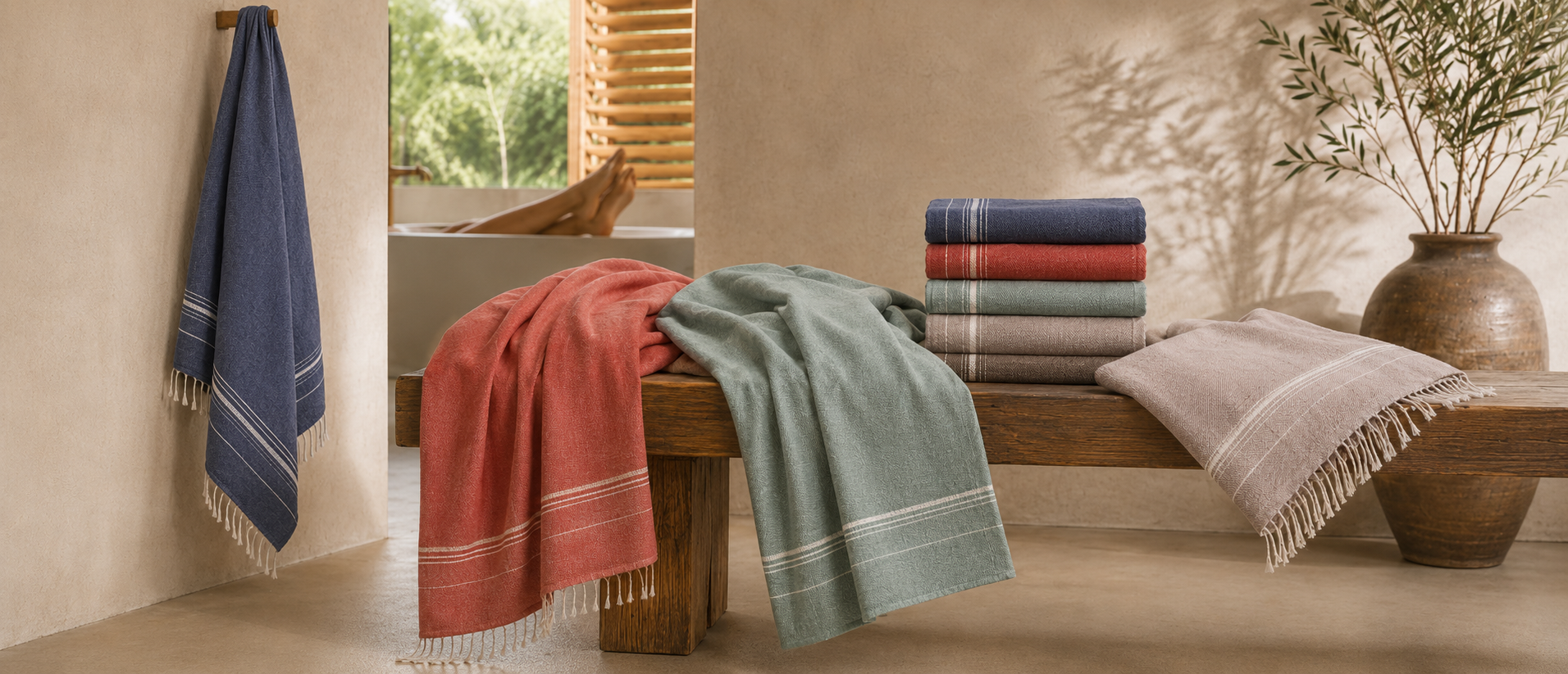 Fünf Ecobain Handtücher der Bathroom Series in Blau, Rot, Grün, Taupe und Dunkelgrau hängen neben einer Sauna. Ein gefalteter Stapel der saugstarken Naturfaser-Tücher liegt auf einer Holzbank.