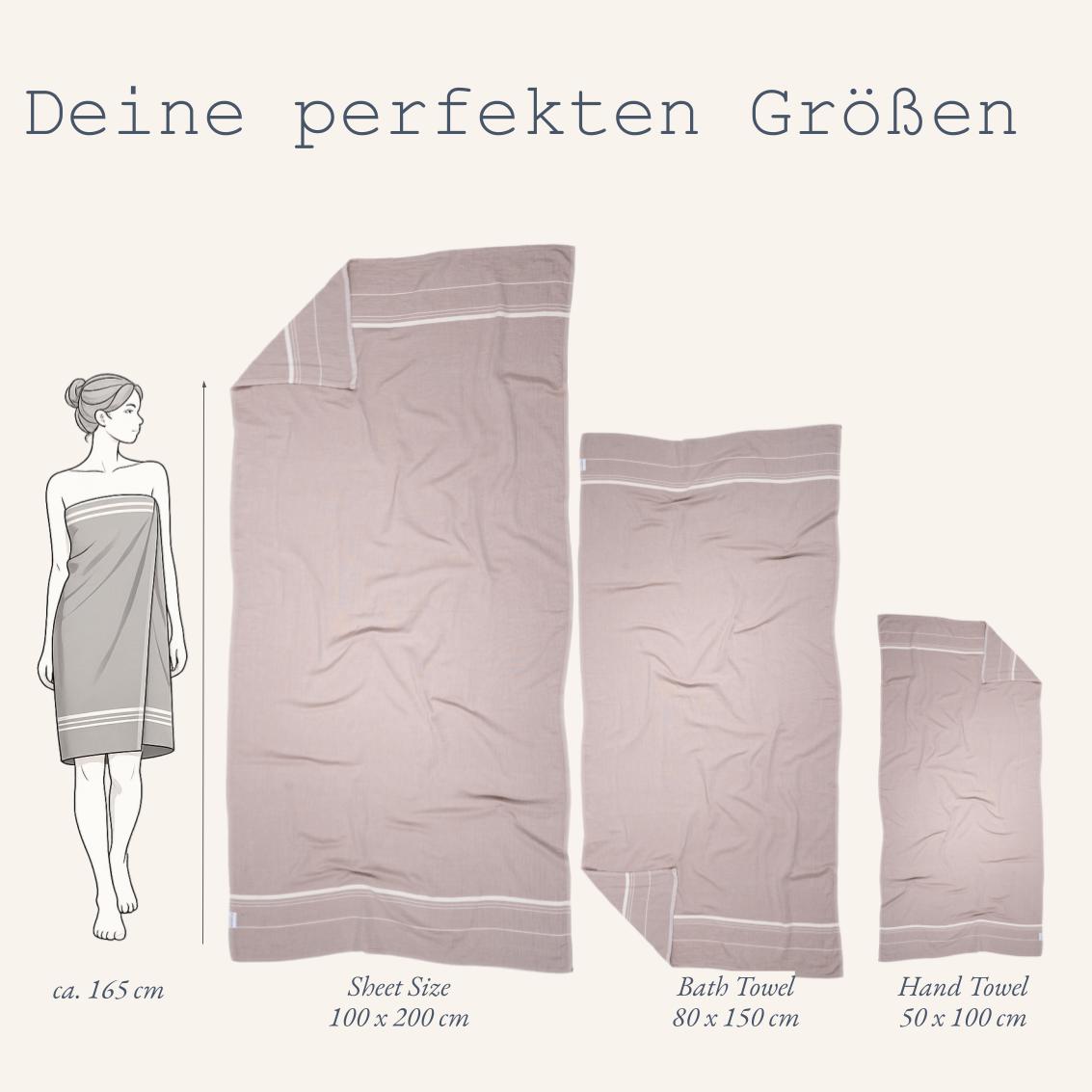 Größenchart für das luftige Ecobain Air Towel in dusty pier: Visuelle Darstellung der Handtuch-Maße für Hände, Gesicht und Dusche in dezentem Natur-Grau. Extrem feine und reißfeste Struktur für unbeschwerten Komfort zu Hause und auf Reisen.