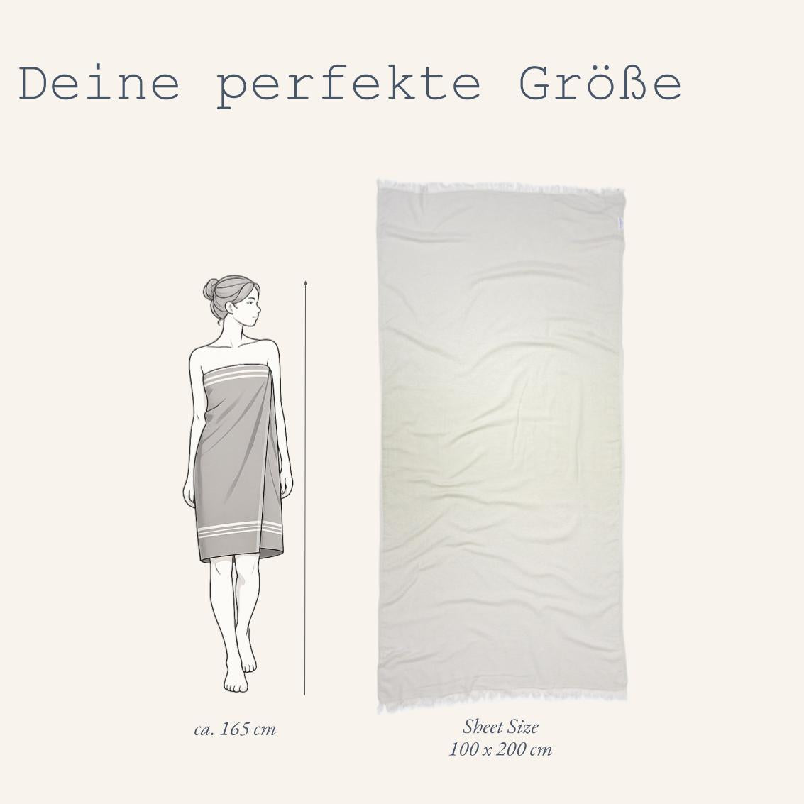 Maßtabelle für das Ecobain Faded Towel in Magic Mermaid: Das große Wellness- und Yogatuch in der Größe 100x200 cm vor einer weiblichen Silhouette dargestellt. Leichtes, sandfreies Jacquard-Webtuch aus reinen Naturfasern mit einem sanften Farbfluss in beruhigendem Salbeigrün.