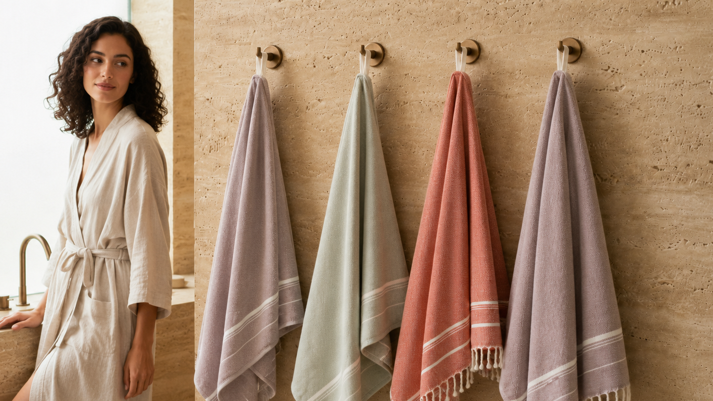 Hängende Ecobain Handtücher der Bathroom Series in einem modern gestalteten Duschbereich. Das Arrangement aus hochwertigen, traditionell gewebten Tüchern aus gekämmter Baumwolle unterstreicht den Anspruch an täglichen Luxus und nachhaltige Ästhetik im Badezimmer. Ein plastikfreies, schnelltrocknendes Accessoire, das durch seine erstklassige Saugkraft und natürliche Haptik überzeugt – die smarte und umweltschonende Wahl für dein tägliches Duschritual.