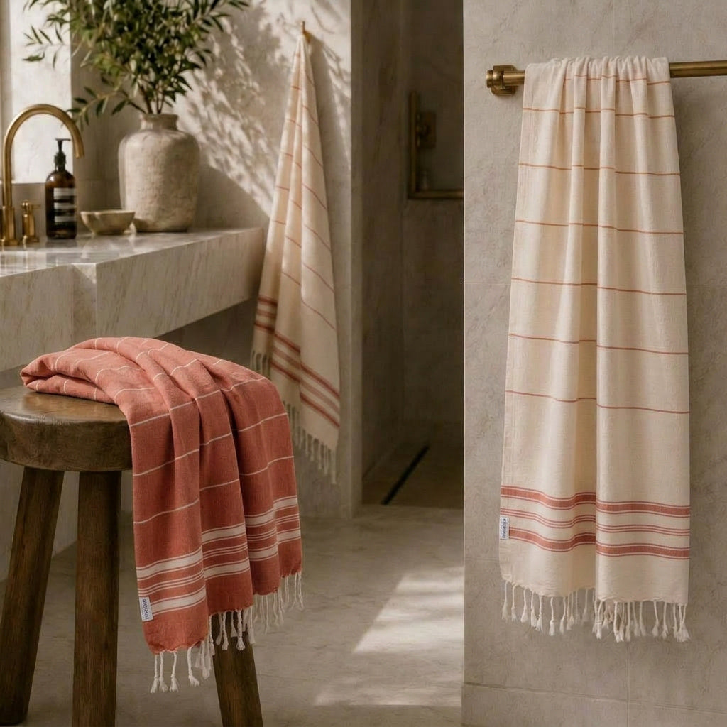 Warme Akzente für dein Zuhause: Das Ecobain Better Together Pack im ausdrucksstarken Farbton Burnt Brick. Das Handtuch Set aus der Liberty Series kombiniert ein unifarbenes und ein gestreiftes Design für maximale Wohnlichkeit. Dank der hochwertigen Verarbeitung aus 100 Prozent gekämmter Baumwolle ist dieses plastikfreie Set die smarte, ressourcenschonende Alternative zu schwerem Frottee. Schnelltrocknend, platzsparend und ideal als Geschenk für pure Leichtigkeit.