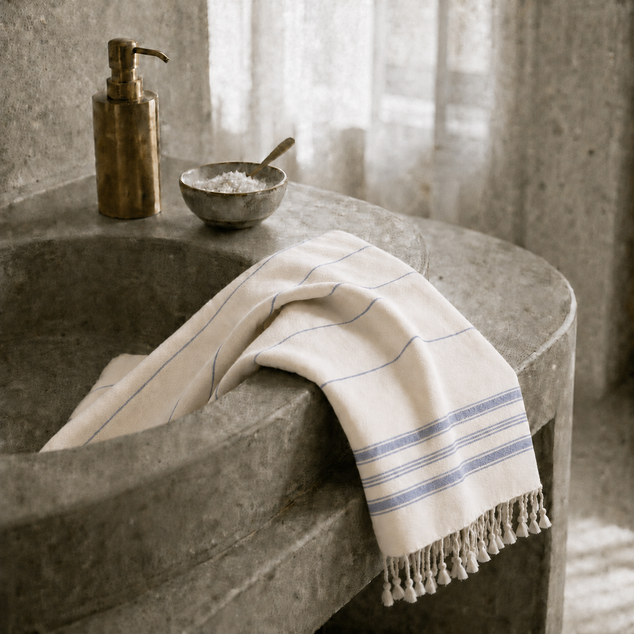 Ein elegant über eine Badewanne drapiertes Ecobain Hamamtuch der Liberty Series (Design 'New Classic'). Die maritime Farbe 'Fair Winds' bringt frische Leichtigkeit in dein helles Badezimmer. Aus 100 % gekämmter Baumwolle gefertigt, trocknet dieses ressourcenschonende Textil in Rekordzeit. Eine smarte, platzsparende und plastikfreie Alternative zu schwerem Frottee, die pure Leichtigkeit und fühlbare Reinheit für dein Home Spa oder als Reisebegleiter bietet.