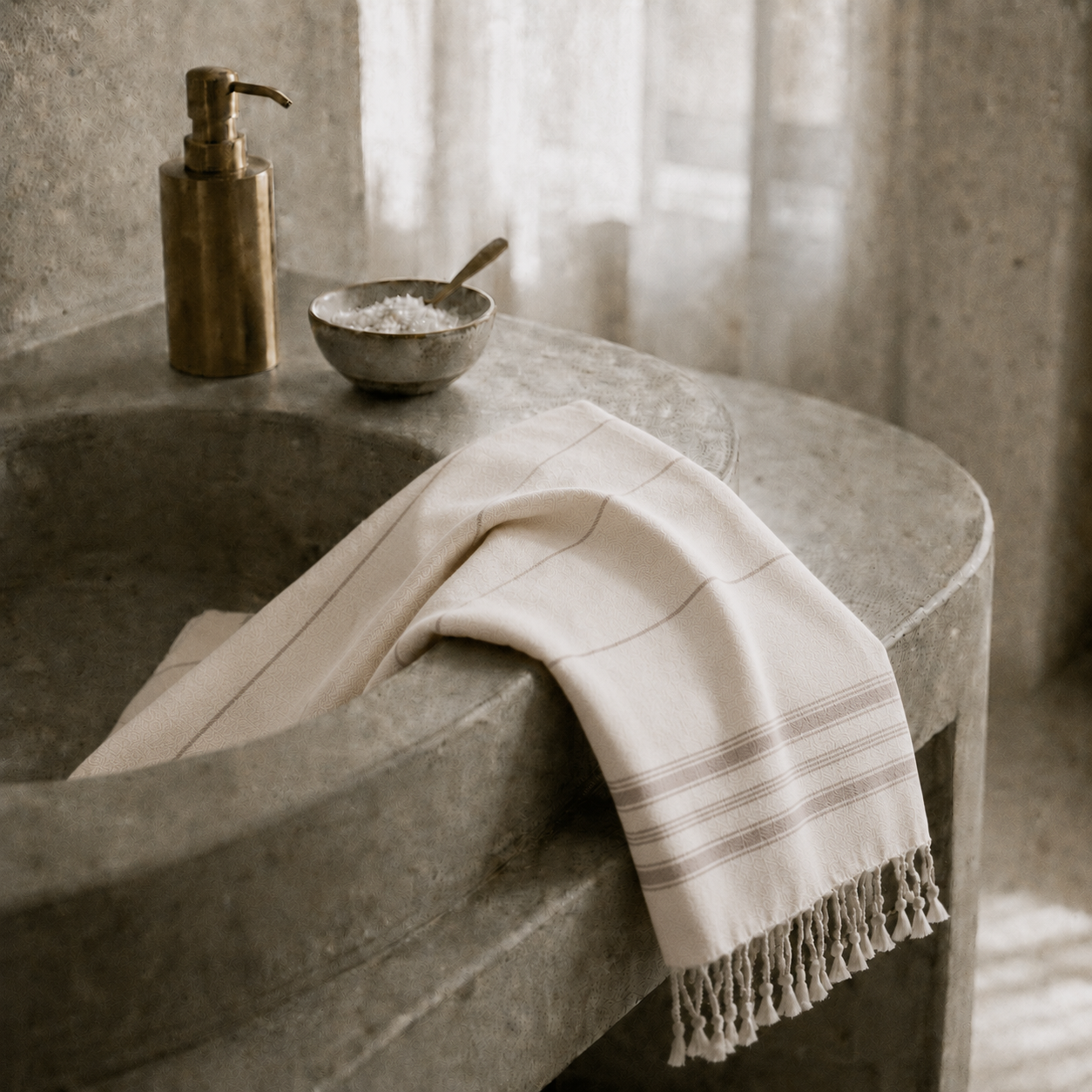 Natürliche Eleganz für Zuhause und jedes Outdoor-Abenteuer. Das Ecobain Hamamtuch der Liberty Series zeigt sich in der hellen Farbkombination 'Silent Shore' (Ecru/Taupe) im modernen Badezimmer. Gewebt aus 100 % gekämmter Baumwolle, ist dieses ressourcenschonende Textil die smarte, plastikfreie Alternative zu Frottee. Es spart extrem viel Platz im Rucksack sowie Schrank und trocknet rasant. Erlebe unbeschwerte Leichtigkeit und ein reines Hautgefühl.