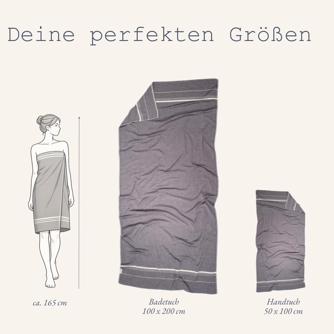 Maße und Größenübersicht für das minimalistische Ecobain Better Together Pack in Grau Kontrast: Visueller Abgleich des Handtuch-Bundles in Storm Cloud Schiefergrau und After Dark Dunkelgrau an einer Körpersilhouette. Edle Jacquard-Webkunst für ein geordnetes Bad-Ambiente.
