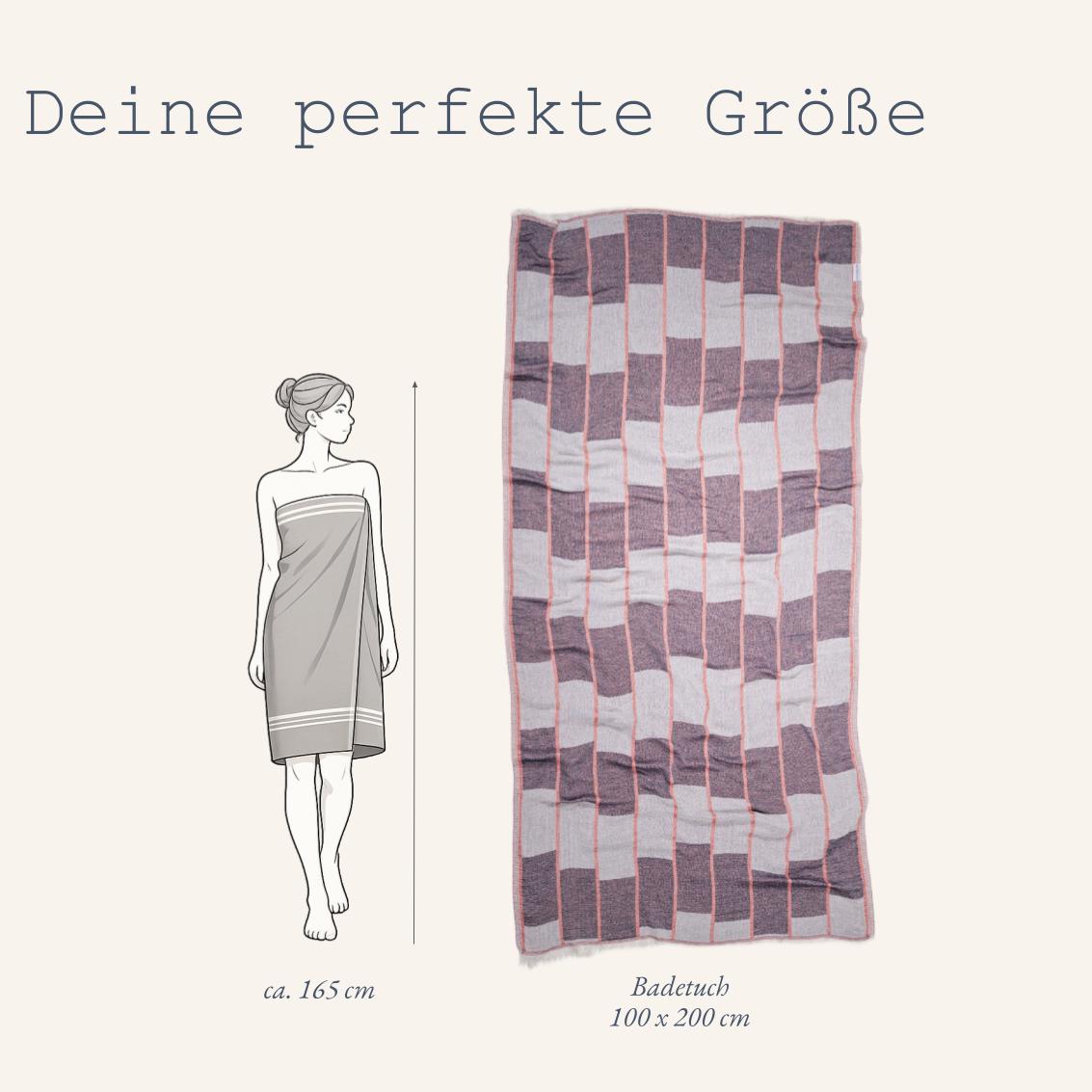 Maßtabelle für das Ecobain Crazy Chess Towel in Burnt Brick: Das große Wellness- und Badetuch in der Größe 100x200 cm vor einer weiblichen Silhouette dargestellt. Kompakt faltbares, dreilagiges Luxus-Pestemal aus reinen Naturfasern mit ziegelroten Designlinien für See, Strand und Sauna.