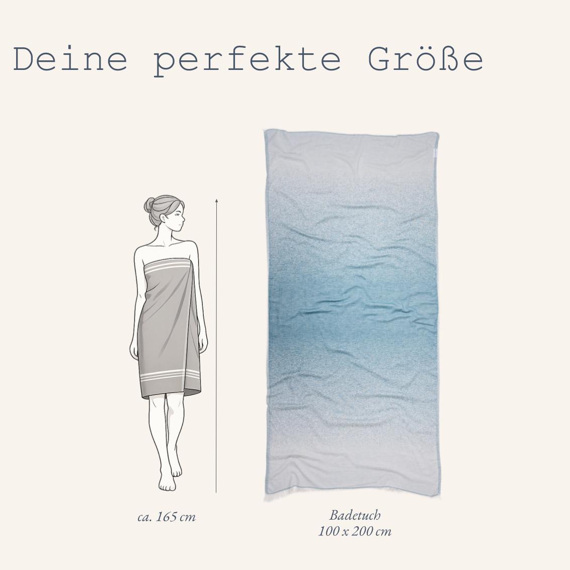 Maßtabelle für das Ecobain Faded Towel in Magic Mermaid: Das große Wellness- und Yogatuch in der Größe 100x200 cm vor einer weiblichen Silhouette dargestellt. Leichtes, sandfreies Jacquard-Webtuch aus reinen Naturfasern mit einem sanften Farbfluss in beruhigendem Salbeigrün.