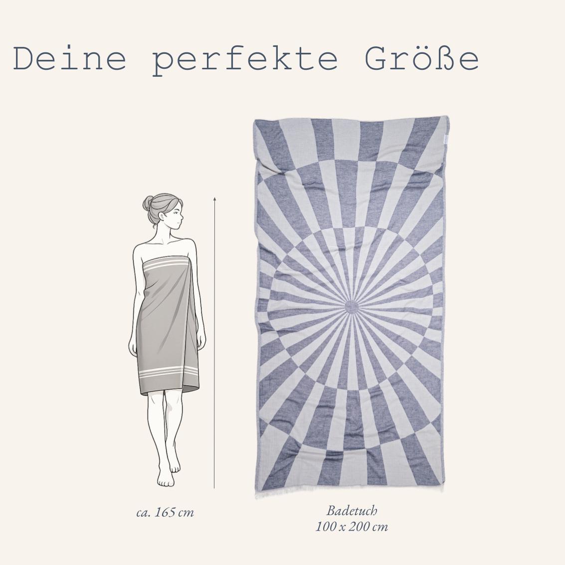 Größenübersicht für das Ecobain Optique Towel in Mustard Seed: Darstellung der Handtuch-Maße 100x200 cm im direkten Vergleich zu einer Körpergröße von ca. 165 cm. Saugstarkes, sandfreies Strandtuch in warmem Senfgelb aus reiner, kontrollierter Naturfaser.