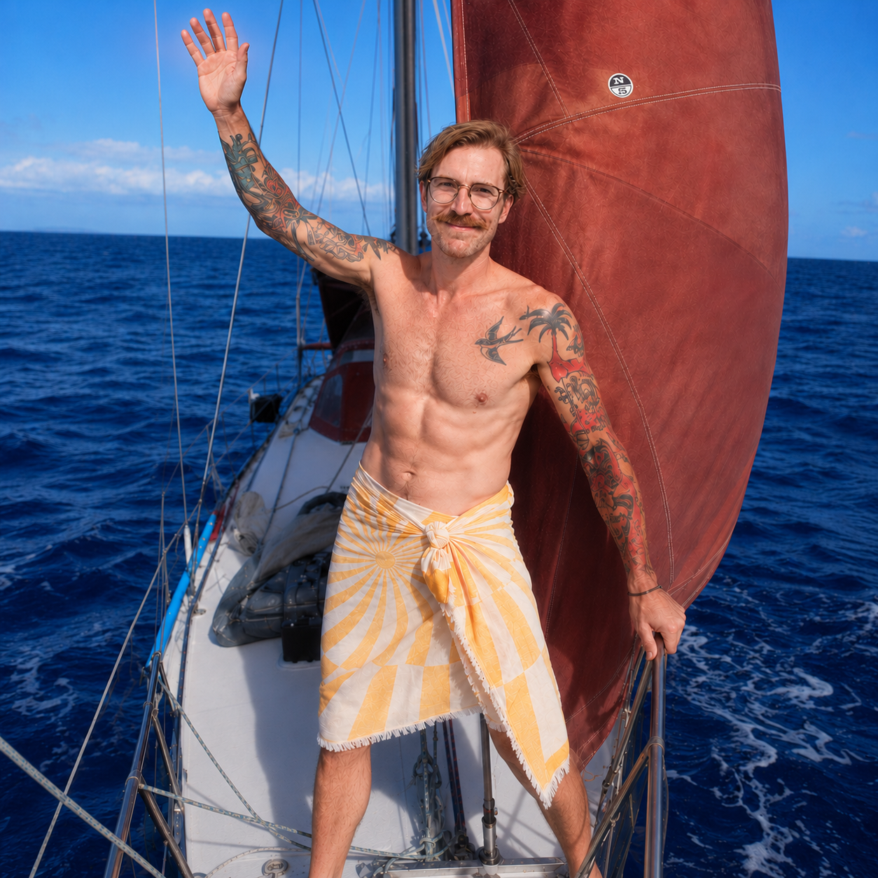 Profisegler Lars Ohlsen von Solosailing nutzt ein platzsparendes Ecobain Hamamtuch an Bord seines Segelbootes. Auf See ist Raum wertvoll: Unsere ressourcenschonenden Premium Textilien aus 100 % gekämmter Baumwolle trocknen selbst im feuchten maritimen Klima in Rekordzeit. Die smarte, plastikfreie Alternative zu schwerem, salzigem Frottee für Segler, Camper und echte Abenteurer. Pure Leichtigkeit für dein Reisegepäck.