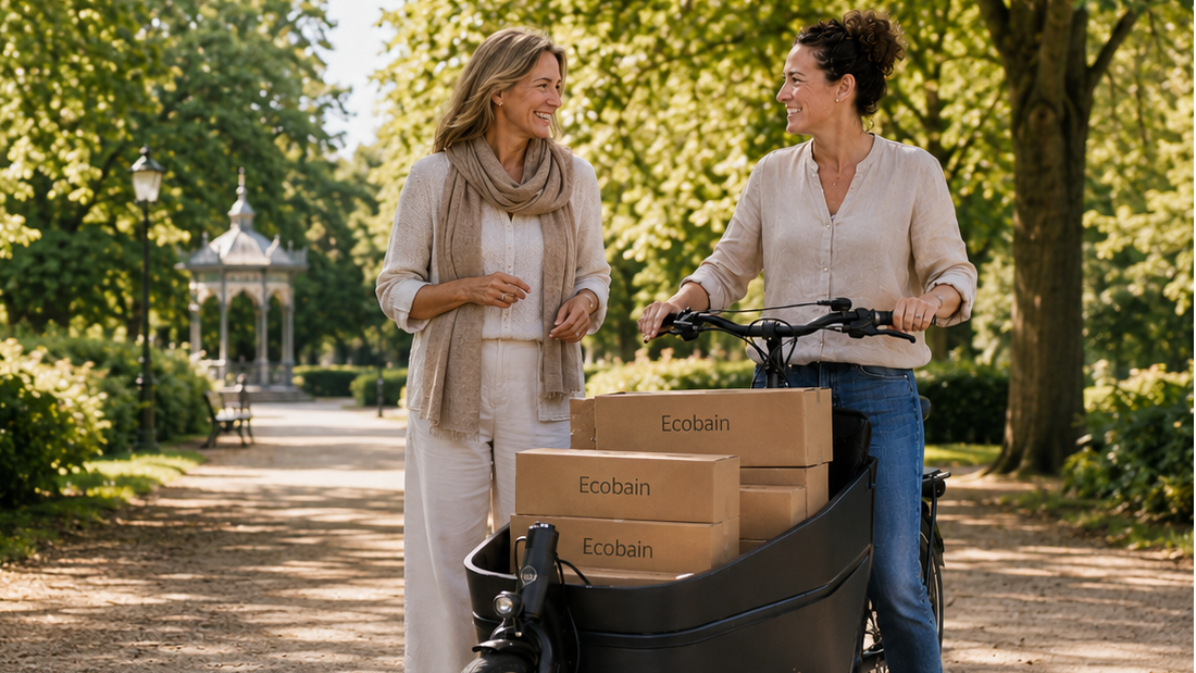 Nachhaltige Logistik bei Ecobain: Ein modernes Lastenrad steht für unseren umweltfreundlichen, CO2-freien Versand. Wir liefern deine ressourcenschonenden Hamamtücher schnell, sicher und absolut zuverlässig mit DHL. Passend zu unserer Philosophie ist der gesamte Weg zu dir zu 100 Prozent plastikfrei. Deine smarte Alternative zu schwerem Frottee erreicht dein Zuhause so mit bester Ökobilanz.