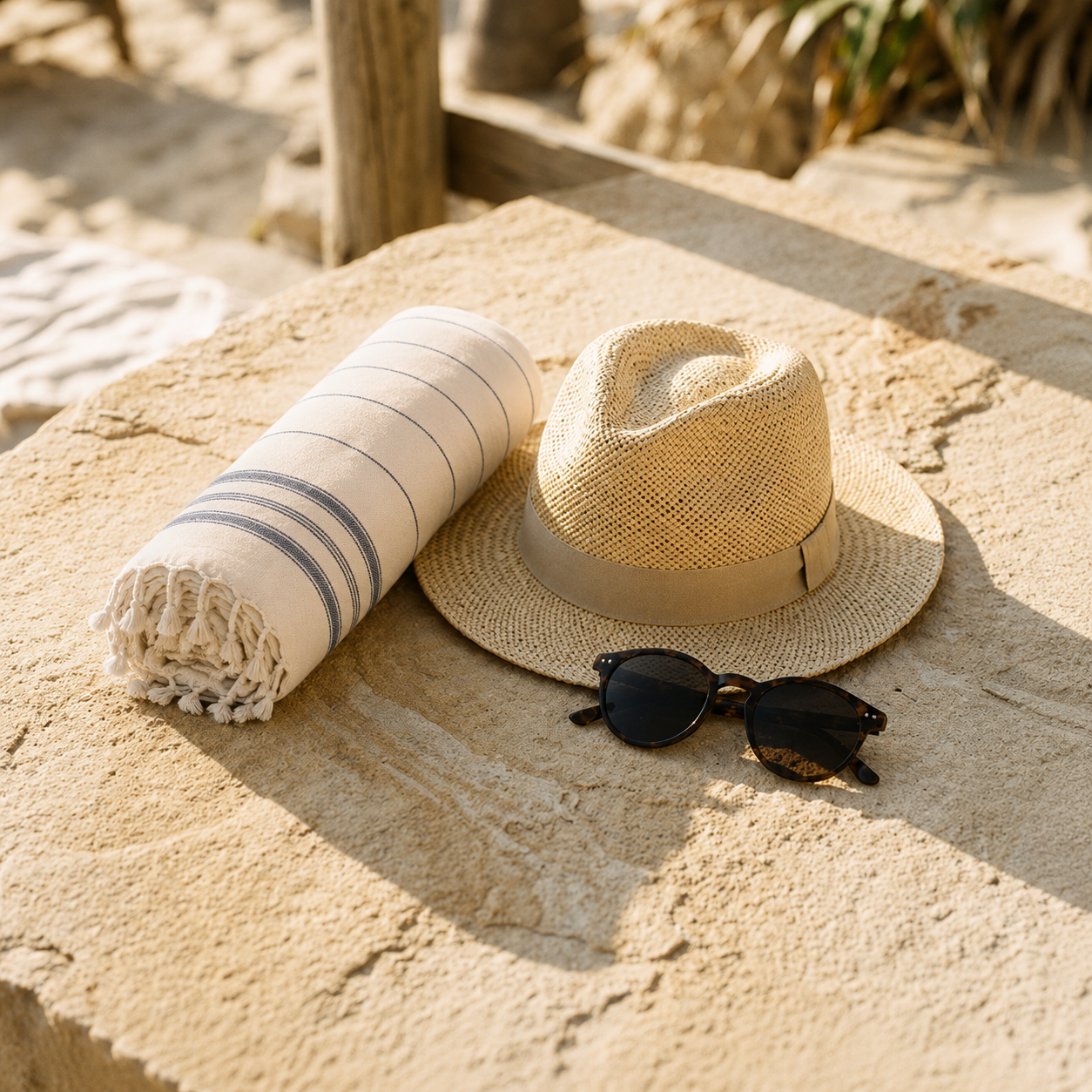 Ecobain Hamamtuch der Liberty Series 'New Classic', lässig drapiert vor einer rustikalen Strandhütte. Das Tuch aus hochwertiger, gekämmter Baumwolle ist das ideale Reise-Accessoire für Abenteurer, Camper und Strandliebhaber. Die Szene unterstreicht die Kombination aus traditioneller Webkunst, natürlicher Leichtigkeit und plastikfreiem Lifestyle für unvergessliche Momente in der Natur.