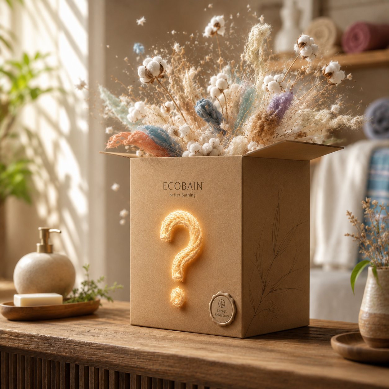 Geöffnete Ecobain Mystery Box voller Vorfreude im stilvollen Spa Ambiente. Dieses exklusive Überraschungspaket bringt frischen Wind in jedes Badezimmer. Aus der nachhaltigen Surprise Box mit Secret Selection Siegel strömen weiche Textilfasern in schönen Pastellfarben. Die perfekte Überraschung für alle, die Premium Qualität aus 100 Prozent Naturfasern lieben und ihr Zuhause mit einem echten Geheimtipp aufwerten möchten.